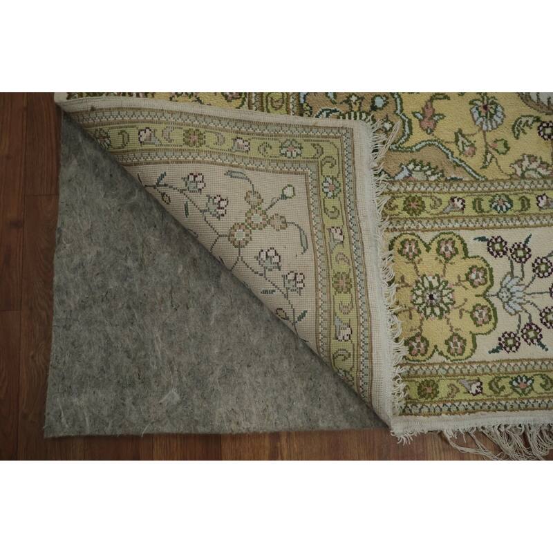 Hand Knotted Oriental Silk Carpet Traditional Floral Beige & Ivories Kashmir Area Rug - 8' 11'' X 5' 11''