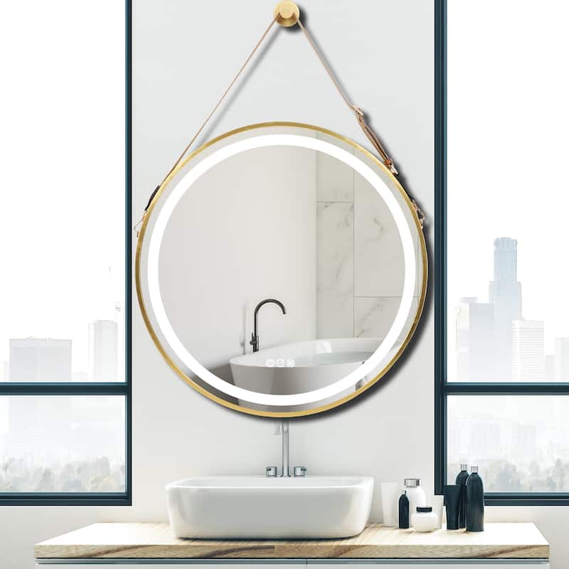 Smart Round LED Bathroom Mirror Light Frame Defogger Dimmable 3 Color - 24" - Gold