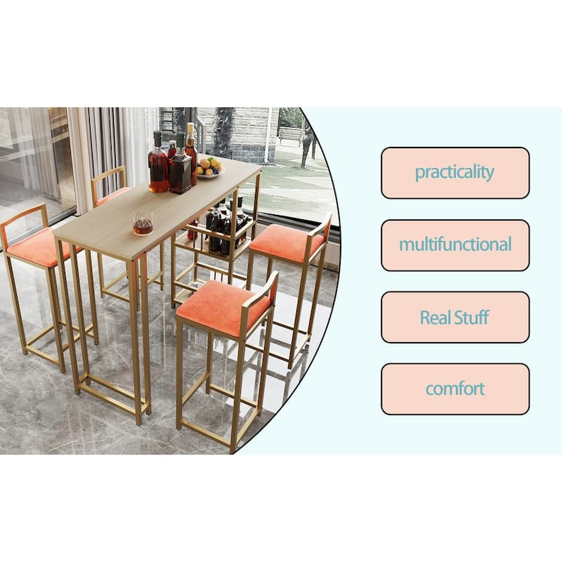 5 Piece Bar Table Set, Counter Height Kitchen Table Set, Metal Table and Chairs Set with 4 Upholstered Chairs & Storage Shelves
