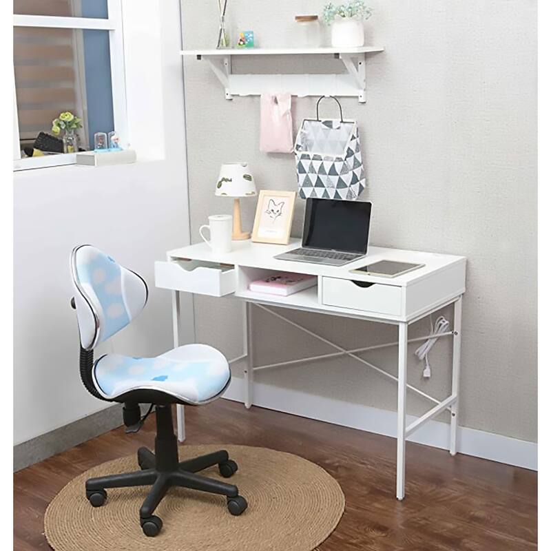JJS 40" Modern Office Desk Large Computer Desk with Power Outlet, USB Port & Drawer, Home Workstation