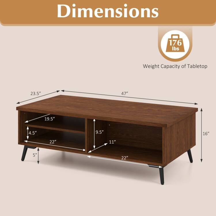 Engineered Wood Metal Coffee Table 2 Shelves 2 Compartments - 47" x 23.5" x 16"