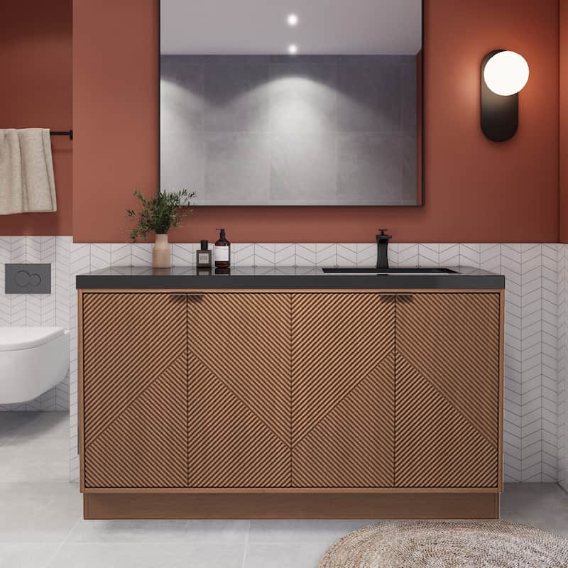 Milano 60" Freestanding Bathroom Vanity with Right Black Acrylic Sink - 59.06" x 19.49" x 35.46'' - Chestnut Brown