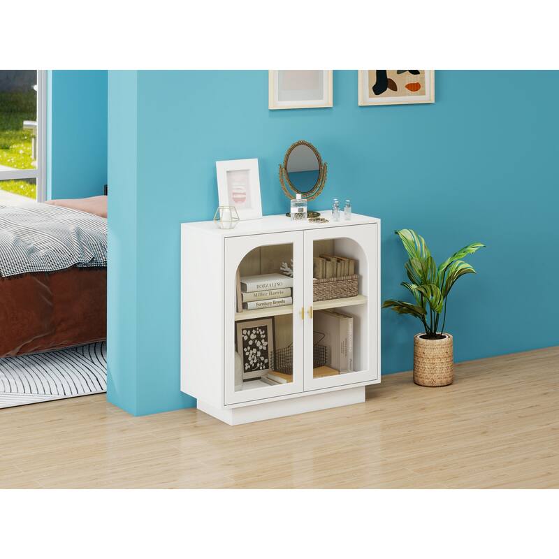 Storage Cabinet with 2 Acrylic Door, Wooden Kitchen Pantry Sideboard, Display Cabinet with Metal Handles & Adjustable Shelves