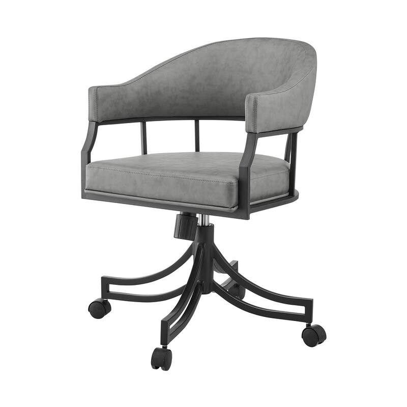 HomeRoots Gray And Black Upholstered Faux Leather Open Back Dining Arm Chair With Wheels - 23' X '30.5' X '22