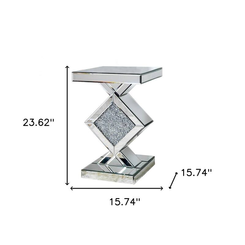HomeRoots 24" Silver Mirrored Glass And Faux Crystals End Table - 23.62" X 15.74" X 15.74"