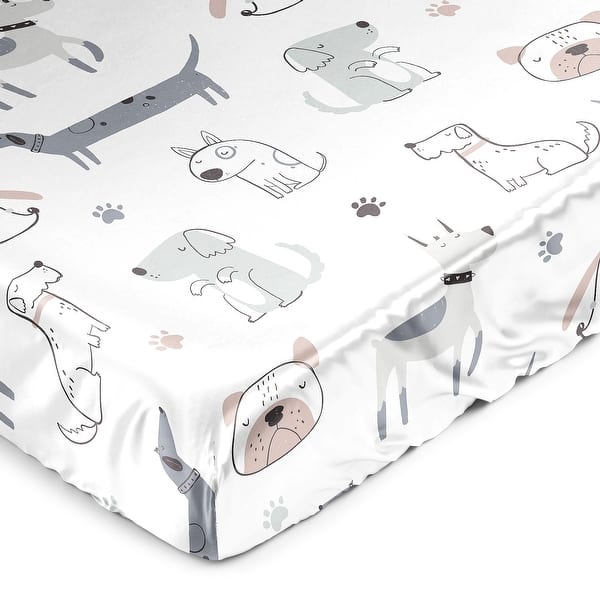 slide 2 of 6, Sweet Jojo Designs Dog Boy Girl Unisex/Gender Neutral Satin Fitted Crib Sheet Grey Taupe Blue Modern Puppy Pet Watercolor Paw