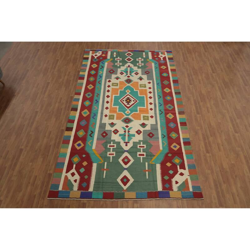 Hand Woven Oriental 100% Wool Carpet Southwestern Tribal Multi-Colored Kilim Area Rug - 14' 8'' X 8' 1''