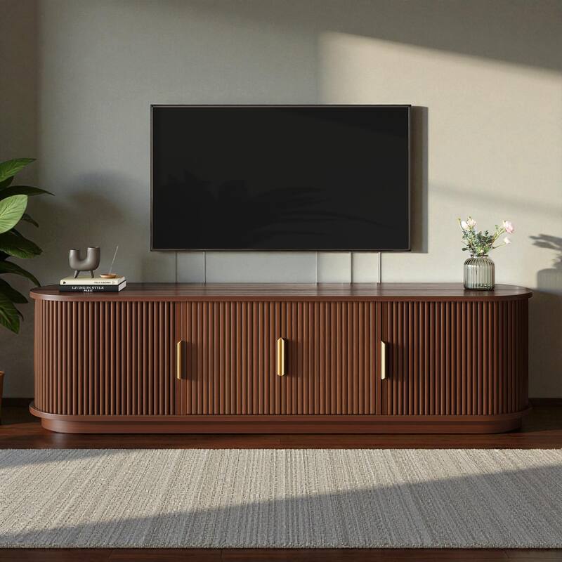 66.9'' Farmhouse TV Stand for 75'' TV, Wooden Media Console with Sliding Tambour Doors & Adjustable Shelves - Walnut