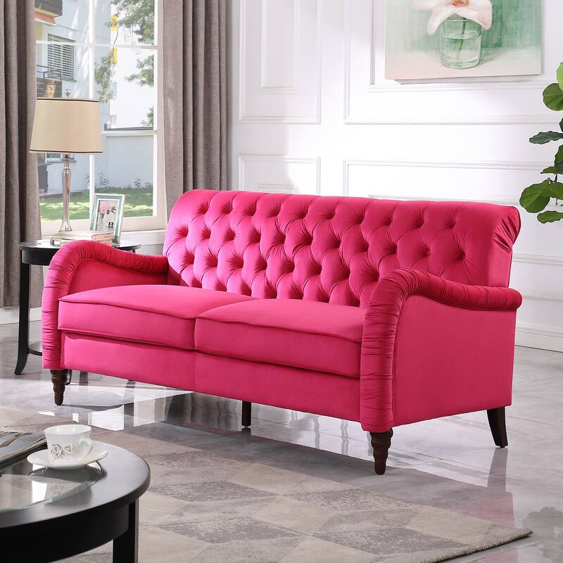 Rose Red Velvet Chesterfield 3Seater Sofa Set with Plush Foam Cushions