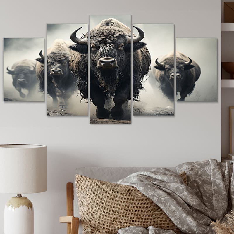 Designart "Grey Buffalo Gentle Guardians I" Animals Multipanel Wall Art Print set - 60 In. Wide X 32 In. High - 5 Panels Diamond Shape