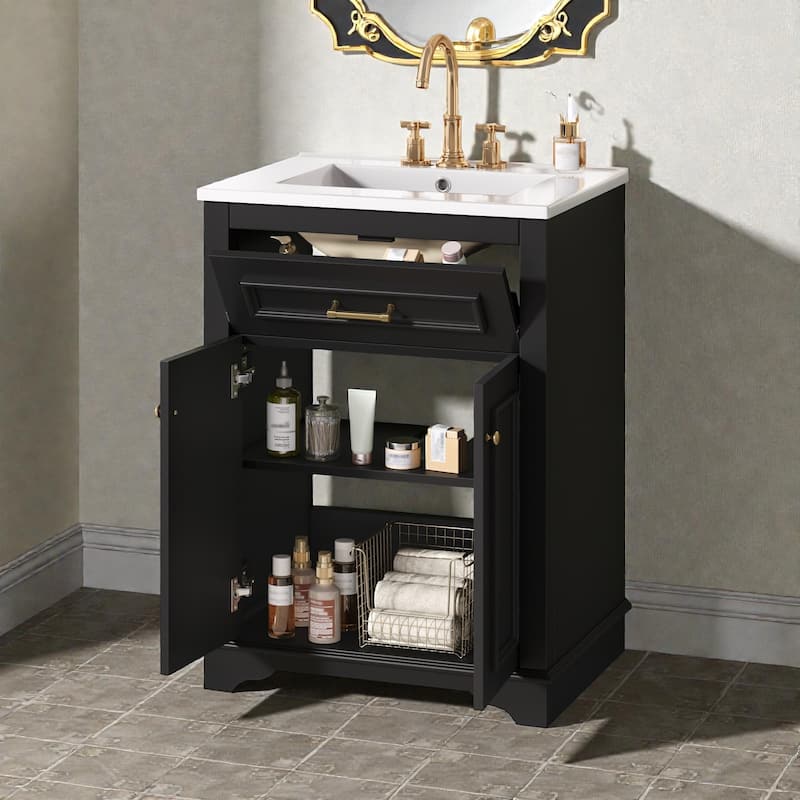 24 Inch Bathroom Vanity with Integrated Ceramic Sink, Freestanding Cabinet with Tip-Out Drawer, Small Space Vanity