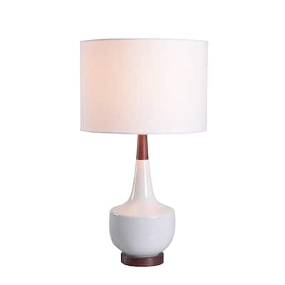 Marlo White Glossy Ceramic with Wooden Base Accent Lamp