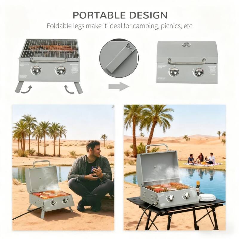 GDFStudio - Portable 2-Burner Outdoor BBQ Grill with Folding Legs