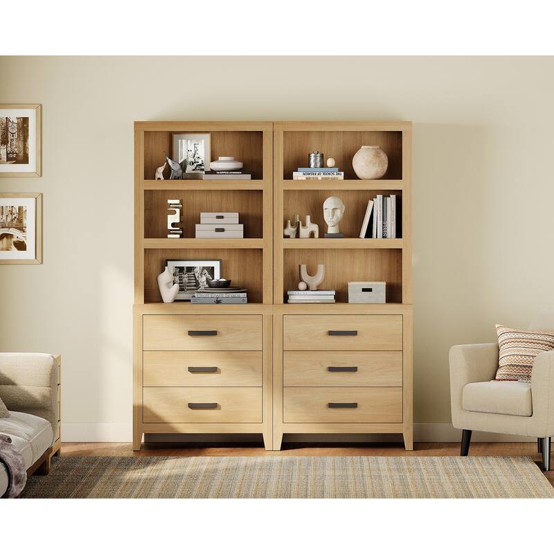 3-Tier Bookshelf with 3 Large Drawers, 74" Tall Farmhouse Bookcase with Wide Metal Handles, for Living Room, Office, Library