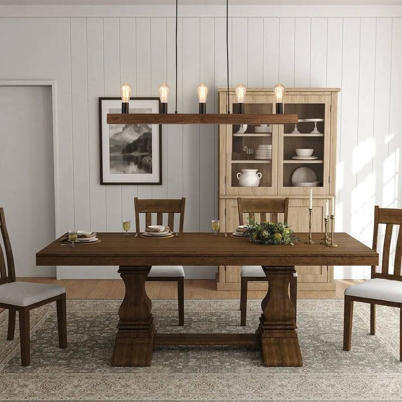 Rustic 5-Light Wood Beam Linear Chandelier - Matte Black & Brown Wood