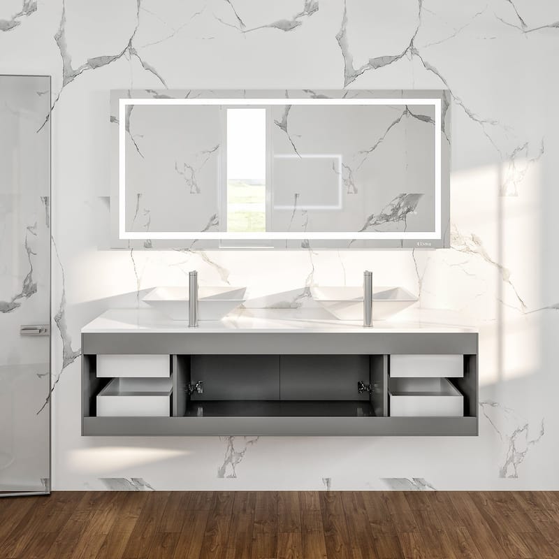 Eviva Wave 60" Gray DS Bath Vanity with Quartz Top & Vessel Sinks