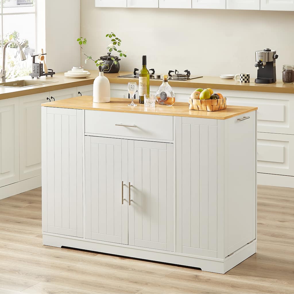 Anmytek 53 Inch Modern Farmhouse Kitchen Storage Island with Drawers Trash Can Storage White