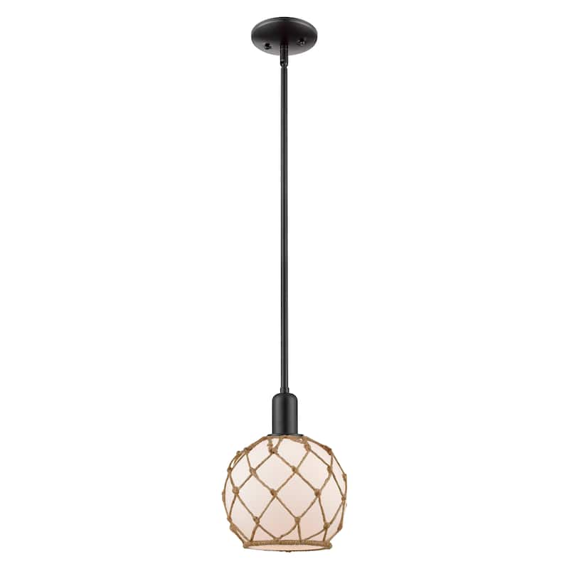 Innovations Lighting Endless Possibilities Arcadia - Farmhouse Rope - 1 Light 8" Stem Hung Mini Pendant - White Glass with Brown Rope/Matte Black