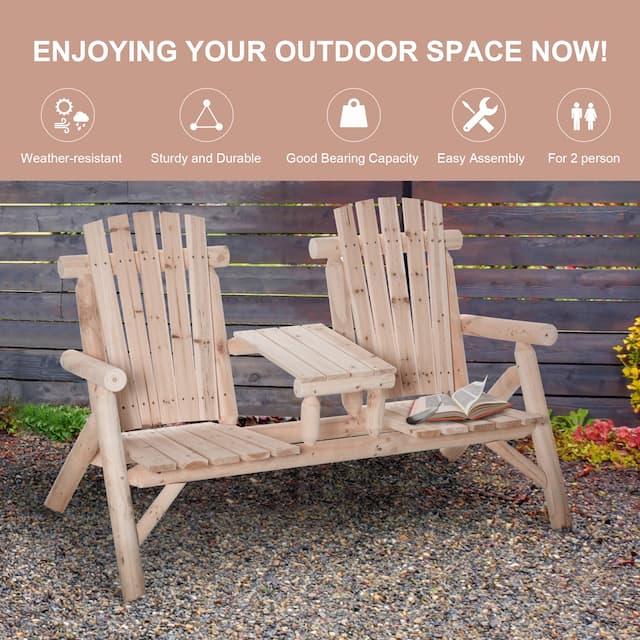 Outsunny Wood Adirondack Patio Chair Bench with Center Coffee Table, Perfect for Lounging and Relaxing Outdoors
