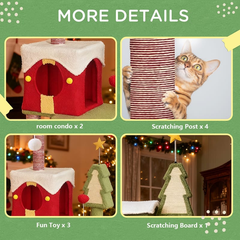 Wide Christmas Cat Tree Tower for Indoor Cats, Wood Cat Tree With Large Condo Wood ladder - Green,Red