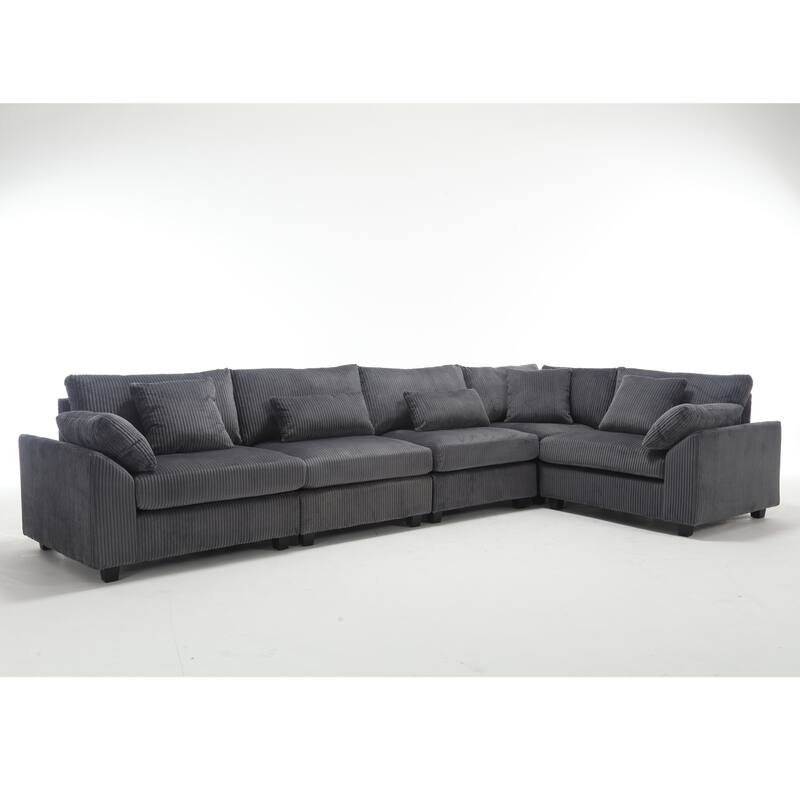 Oversized Modular Sectional Sofa Set, Corduroy Upholstered 5 - Seat Sofa, Dark Gray