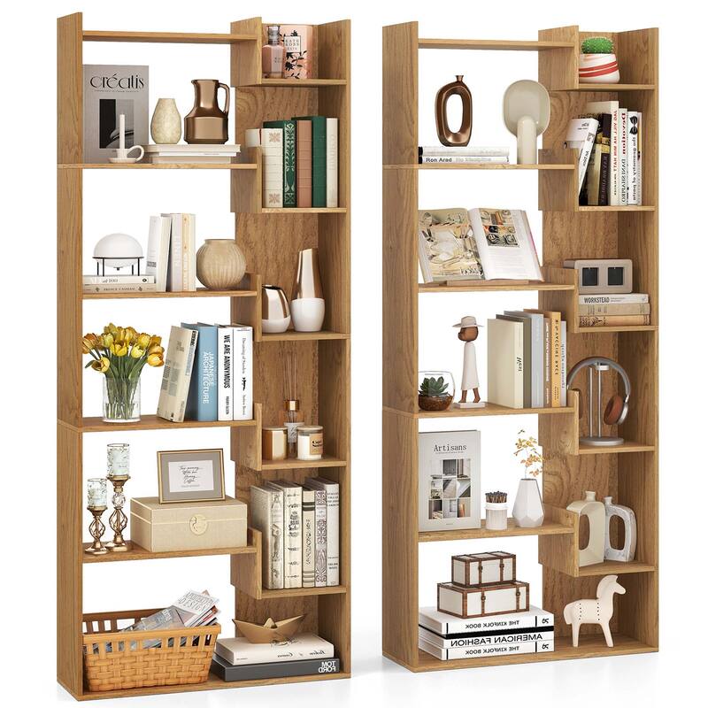 1/2PCS Display Shelf Storage Shelving Unit w/Staggered Shelves - Natural - 2PCS