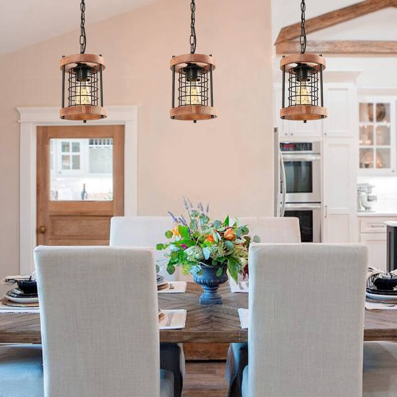 Farmhouse 1-Light Cylinder Wood Grain Metal Cage Kitchen Island Pendant Light Adjustable- Brown - D7" x H11"