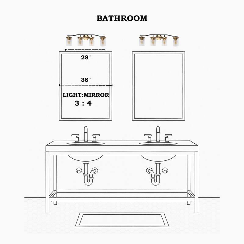 Modern Mid-Century 4-Light Black Gold Bathroom Vanity Light with Cylinder Glass - 28"L x 5.5"Wx 9.5"H