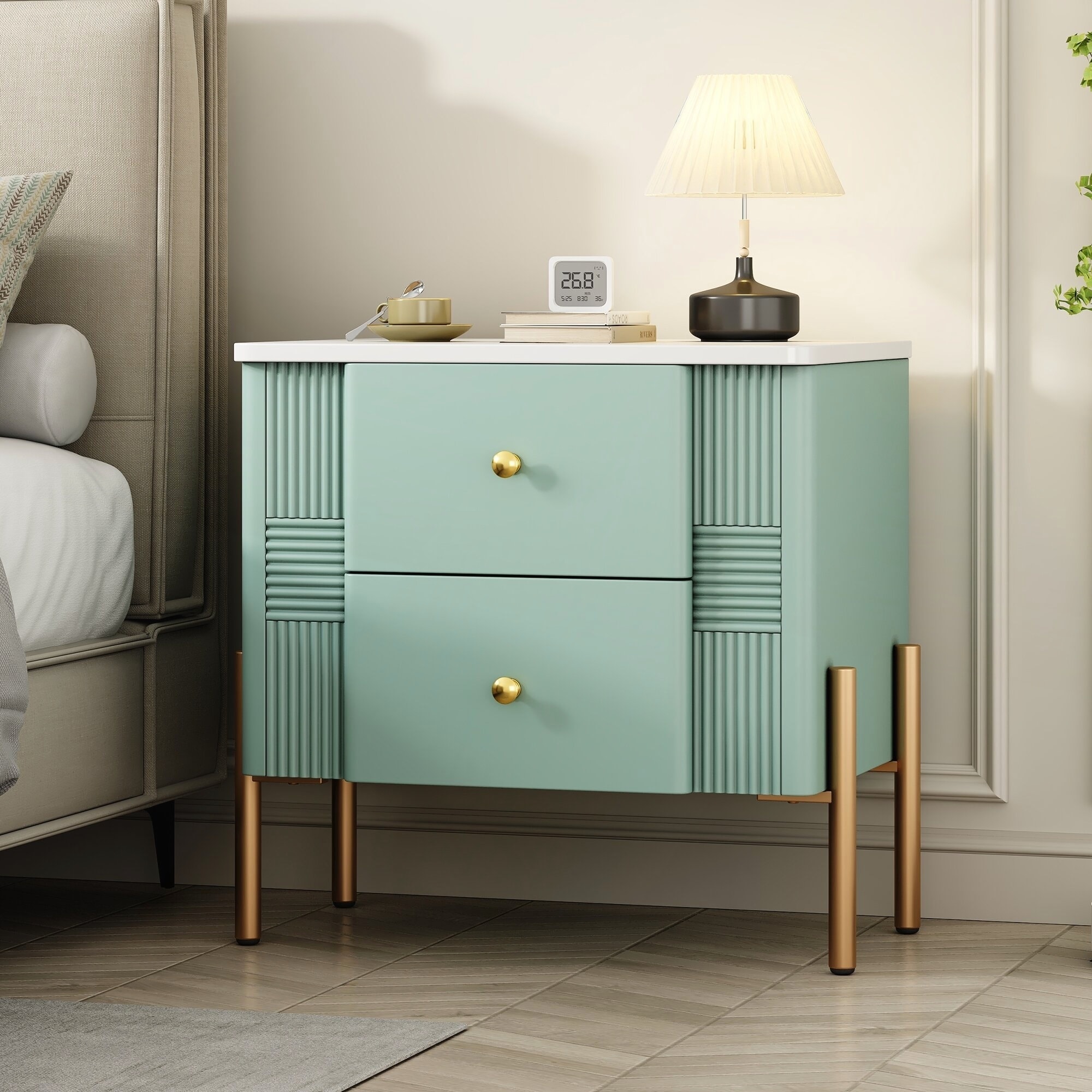 Modern Nightstand with 2 Storage Drawers,Golden Metal Handles and Legs for Living Room and Bedroom