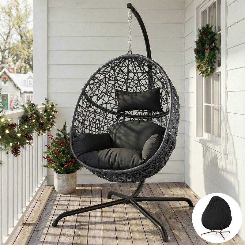 Oversized Egg Chair with Stand, 450 lbs Heavy-Duty Outdoor/Indoor Wicker Hanging Basket Chair - Dark Grey/Cover