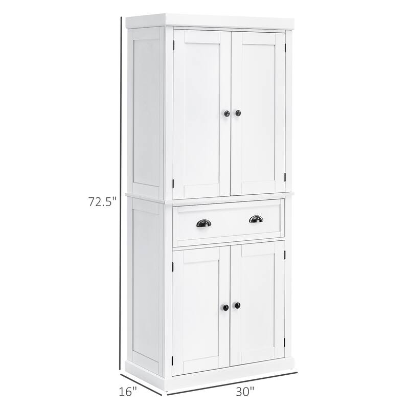 72" Freestanding Kitchen Pantry Cabinet, Tall Storage Cabinet with 2 Door Cupboards, Drawer and Adjustable Shelves, White