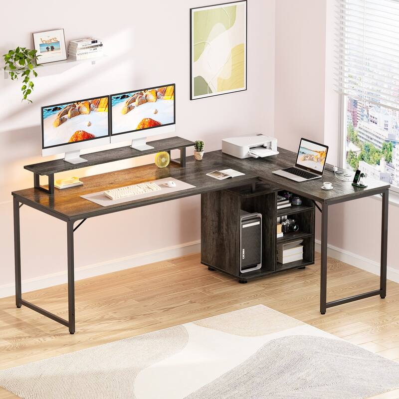 58.3'' L-Shaped Gaming Desk with Storage Cube, Office Computer Table with USB Ports and LED Lights - Grey