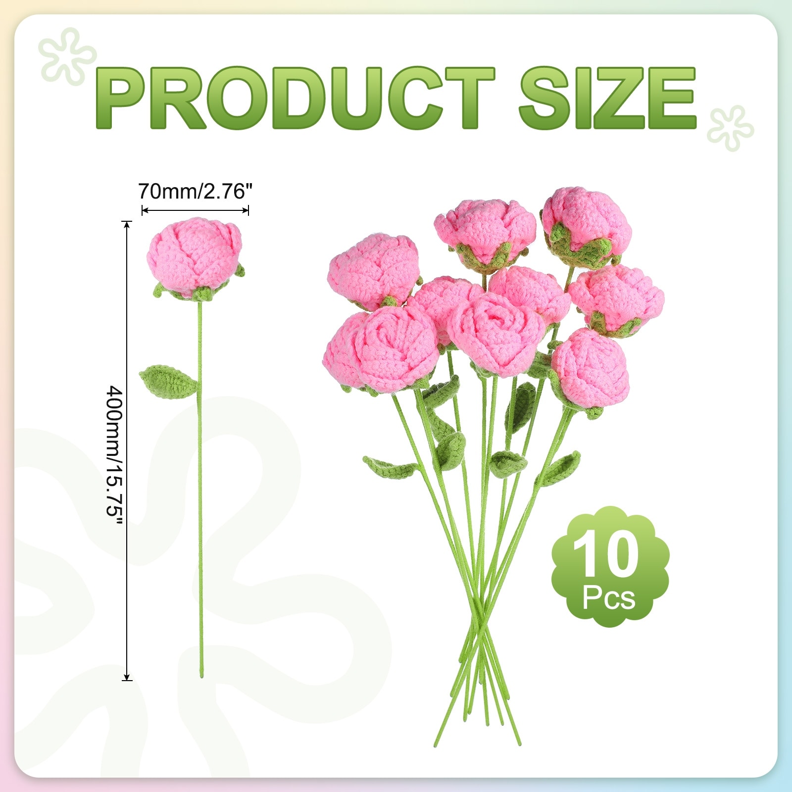 Crochet Flowers Handmade Knitting Rose Artificial Woven Small Potted with Stems - 10 Pcs