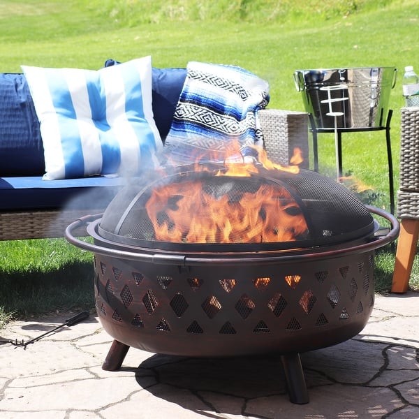 Sunnydaze Crossweave Wood-Burning Fire Pit with Spark Screen and Poker - Bronze - 36"