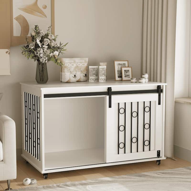 Modern Wooden Dog Crate Furniture with Sliding Barn Door and Side Door