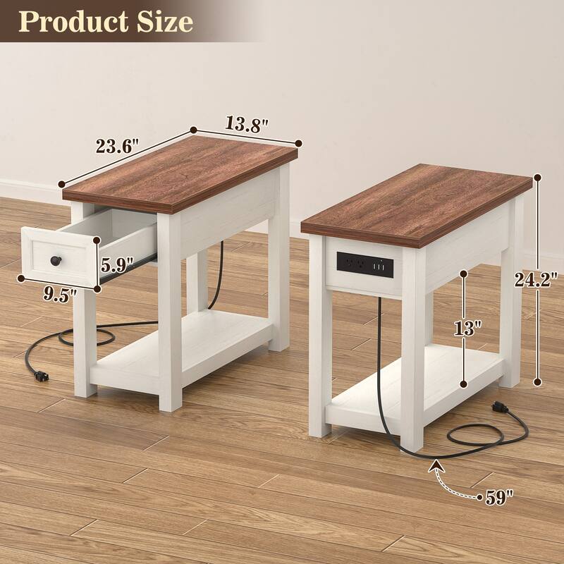 Farmhouse End Table with Wood Drawers and Charging Station, Sofa Side Table, Nightstand