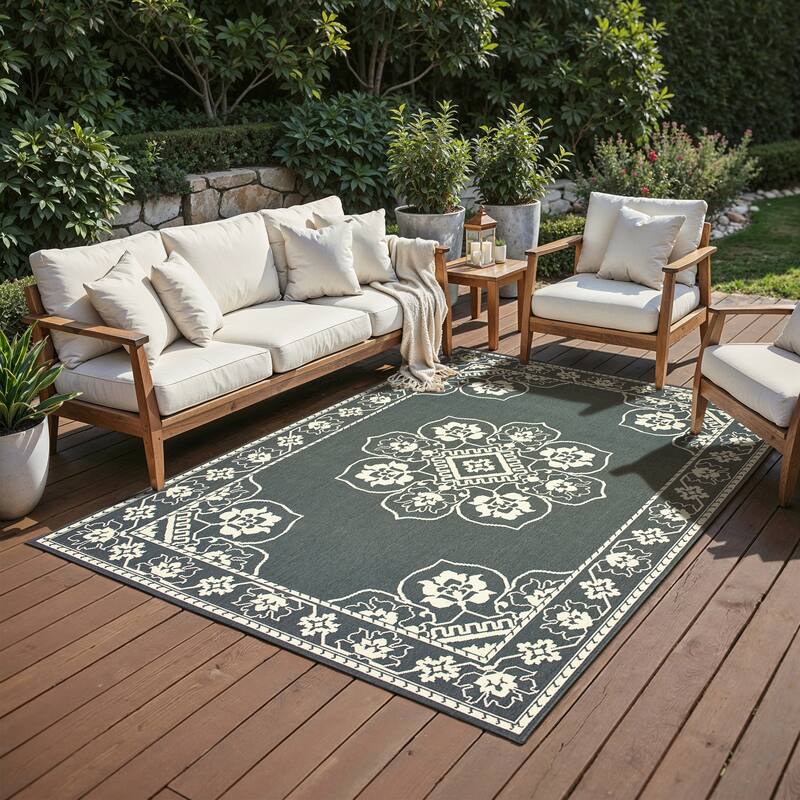 Style Haven Marianna Bordered Medallion Loop Pile Indoor Outdoor Area Rug - 2' 5" x 4' 5" - Grey/Off-White - Rectangle