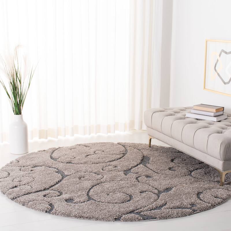 SAFAVIEH Florida Shag Shahin Scroll 1.2-inch Thick Textured Rug - 6'7" Round - Grey/Light Blue