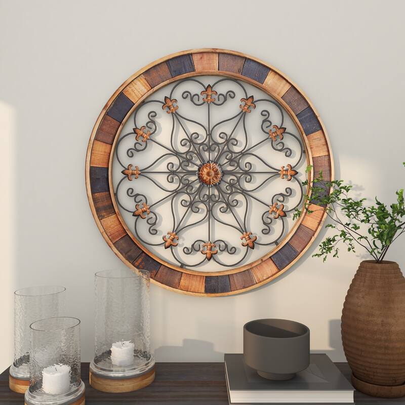 Brown Wood Medallion Scroll Home Wall Decor with Metal Fleur-De-Lis Detail