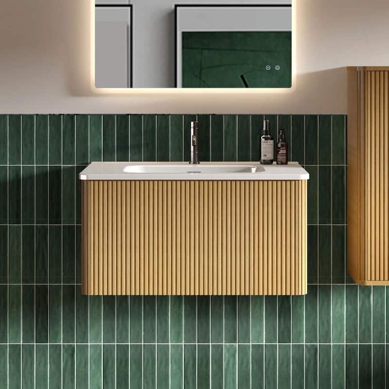 30" Striped Bathroom Vanity with White Ceramic Sink, Wall Mounted Floating Vanity - Oak