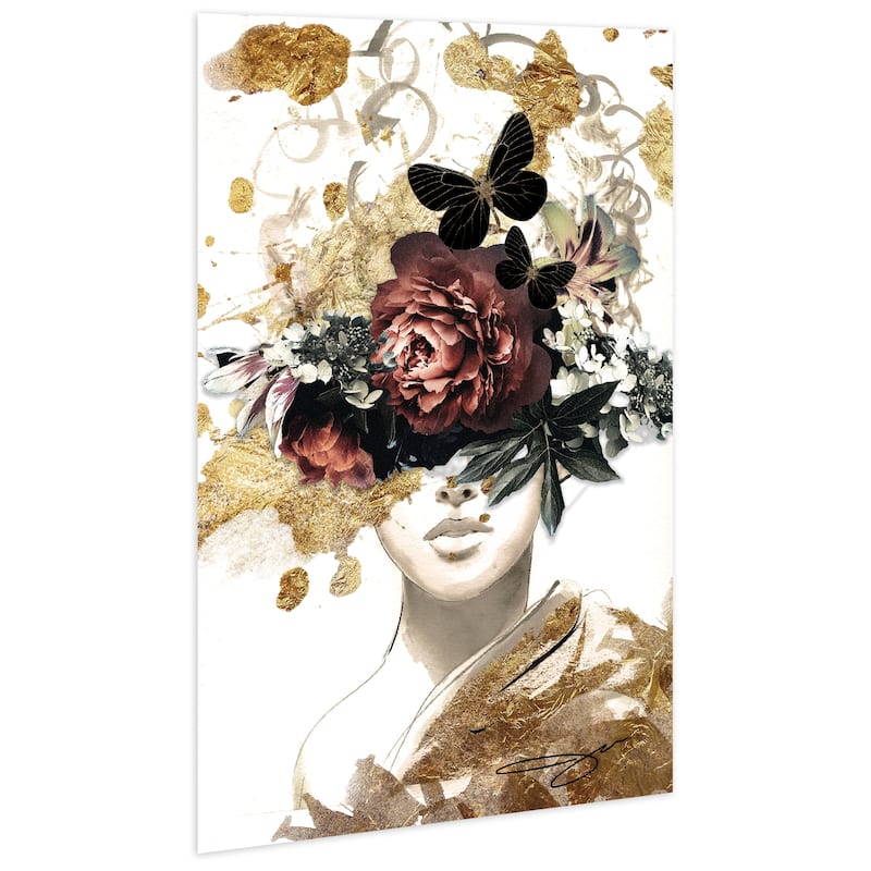 "Woman in Garden" Frameless Free Floating Tempered Glass with Gold Covered Panel Graphic Wall Art 48 in. x 32 in.