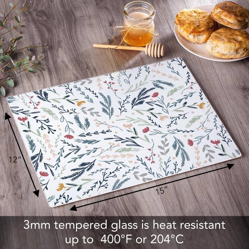 Floral Sketch 3mm Heat Tolerant Tempered Glass Cutting Board 15” x 12” Manufactured in the USA Dishwasher Safe