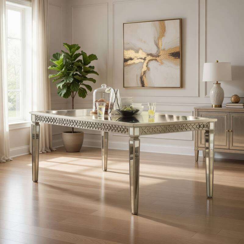 Glam Contemporary Mirrored Wood Rectangular Dining Table