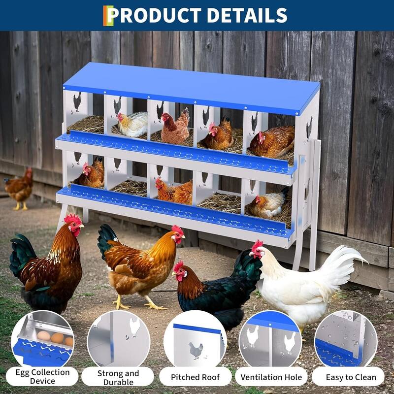 10 Compartment Metal Chicken Nesting Box, Laying Box for Hens Ducks Rabbits, Blue
