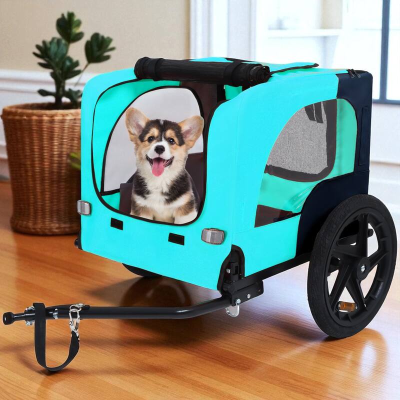 Heavy Duty Foldable Pet Bike Trailer - Dog & Cargo Carrier with 16-Inch All-Terrain Wheels and Universal Hitch - Light Blue