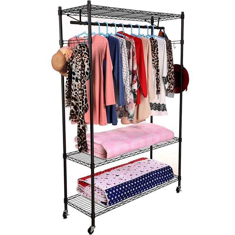 74-in. Rolling 2-tier Closet Organizer / Storage Rack - Black