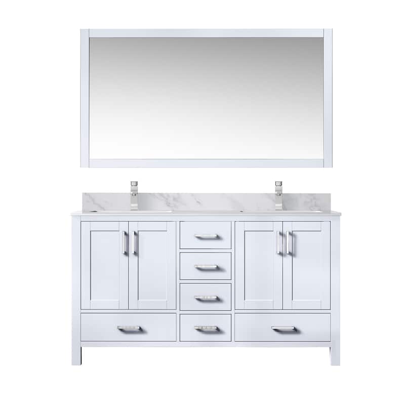 Jacques 60 in. W x 22 in. D Dark Grey Double Bath Vanity, Carrara Marble Top, Faucet Set, and 58 in. Mirror