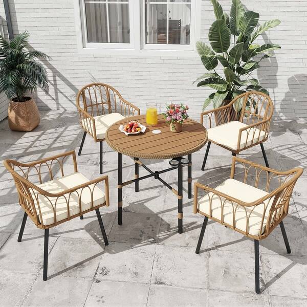 Moasis 4 Pieces Rattan Wicker Dinning Patio Chairs Set with Beige Cushions