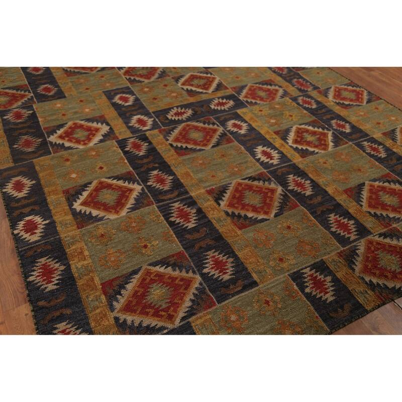 Green & Blue Geometric Kilim Oriental Area Rug Hand-Woven Wool Carpet - 7'8"x 9'10"