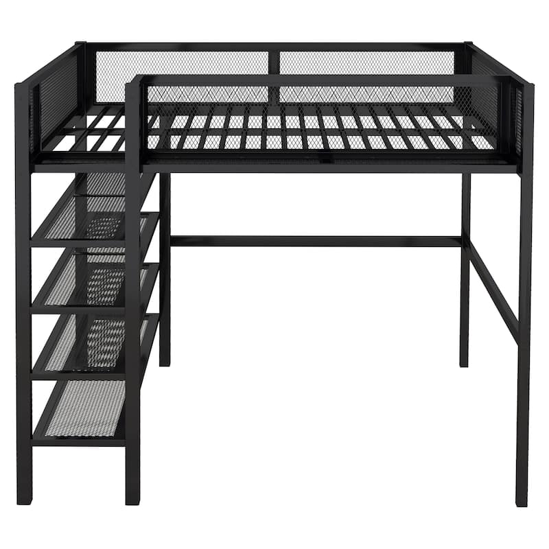 Full Size Metal Loft Bed with 4-Tier Shelves and Storage, Black